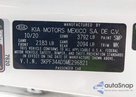 2021 Kia Forte Gt-Line из США, поврежденный, VIN 3KPF34AD5ME296821